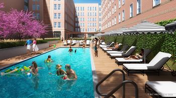 a rendering of a swimming pool with people in it and buildings
